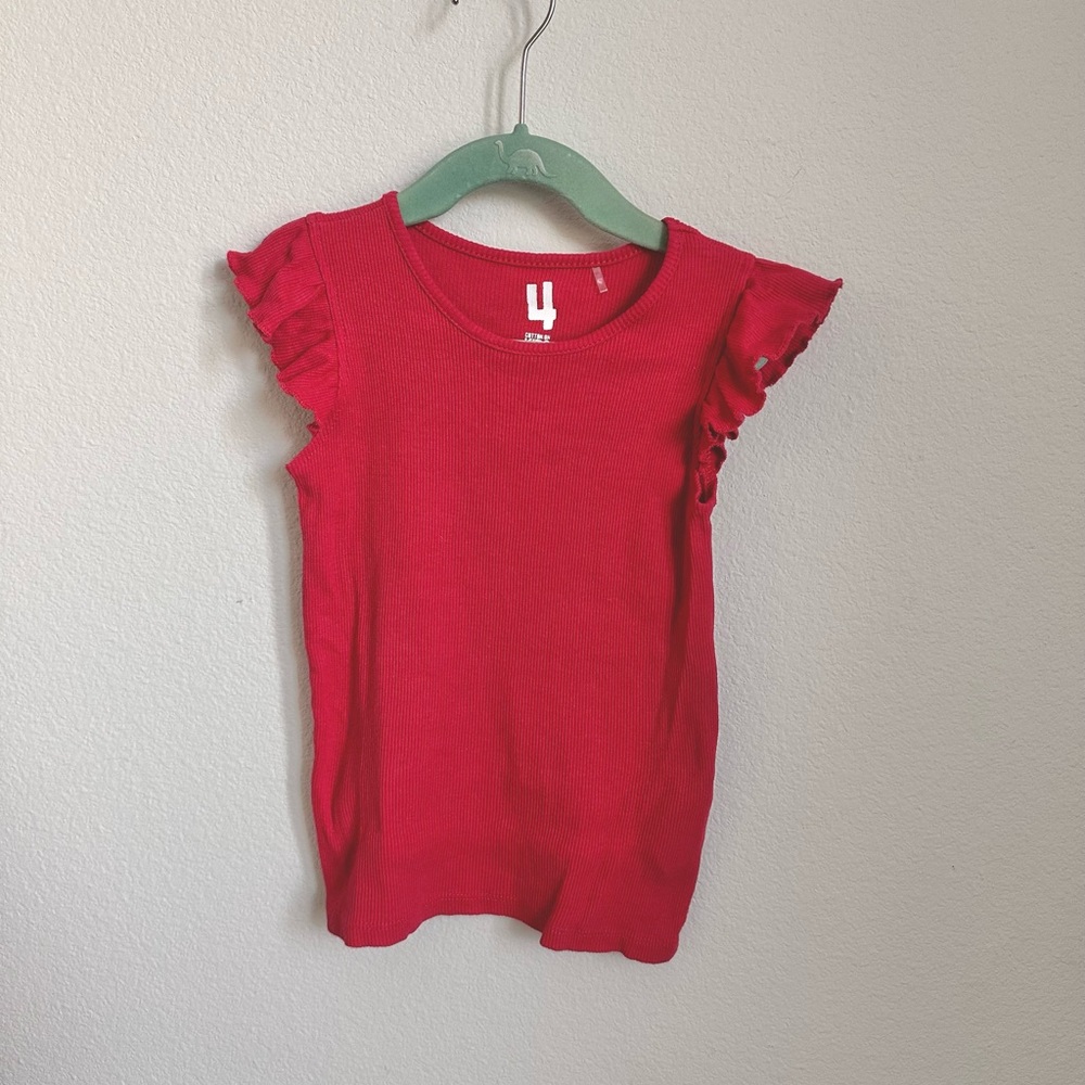 Girls Red Ribbed Ruffle Sleeve Tank Top